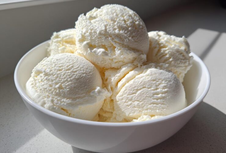 Several scoops of creamy vanilla protein ice cream filling a white bowl, brightly lit by sunlight.