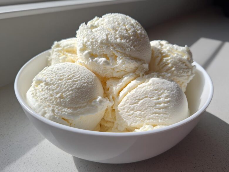 Several scoops of creamy vanilla protein ice cream filling a white bowl, brightly lit by sunlight.