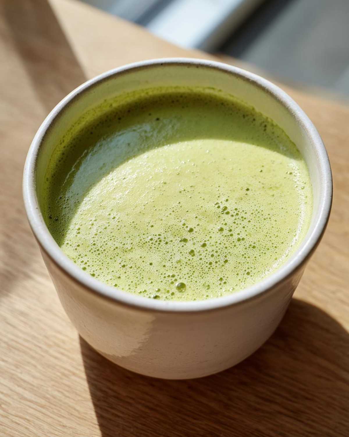 Close-up of a vibrant green, frothy liquid, resembling the texture achieved in velvet celery soup.