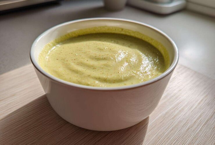 Close-up of a bowl of smooth, light green celery soup with tiny flecks, showcasing its velvet texture.