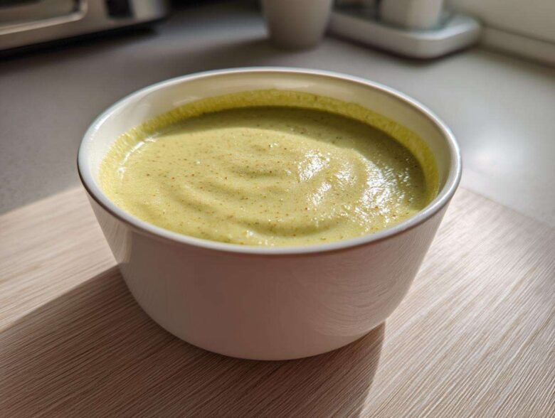 Close-up of a bowl of smooth, light green celery soup with tiny flecks, showcasing its velvet texture.
