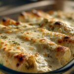 Close-up of baked white chicken enchiladas covered in melted, slightly browned cheese and sprinkled with herbs.