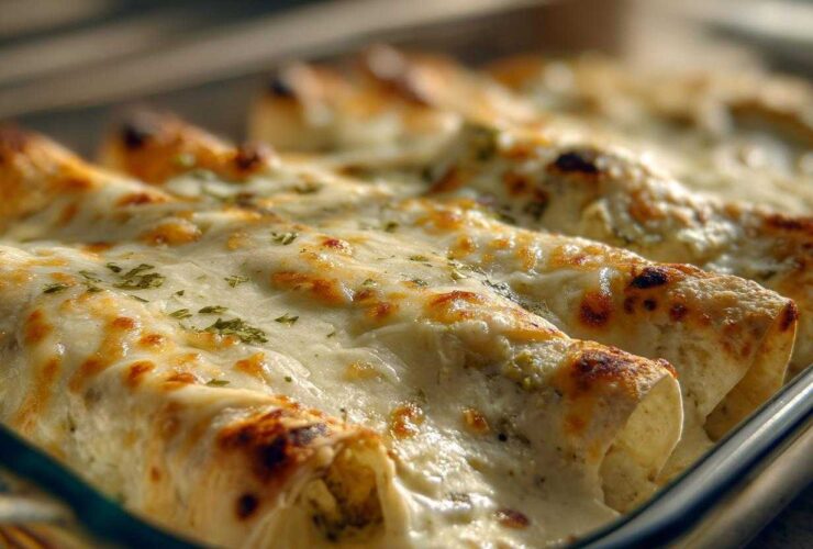 Close-up of baked white chicken enchiladas covered in melted, slightly browned cheese and sprinkled with herbs.