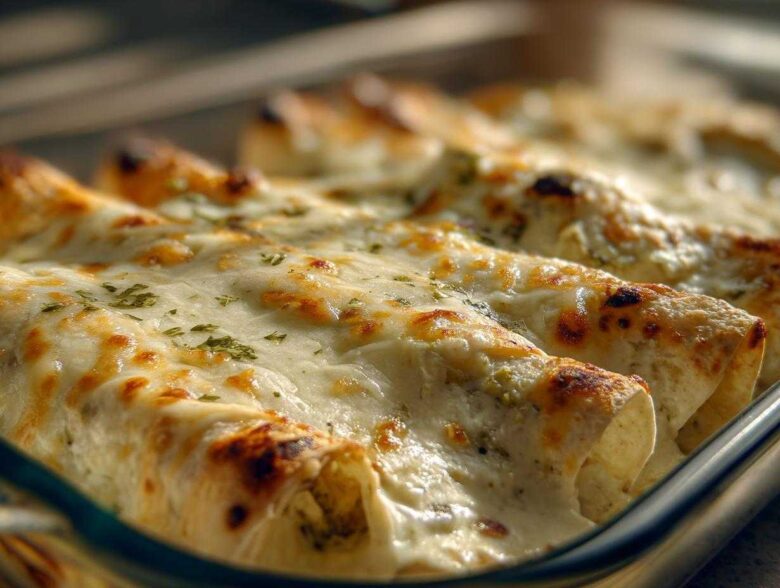 Close-up of baked white chicken enchiladas covered in melted, slightly browned cheese and sprinkled with herbs.