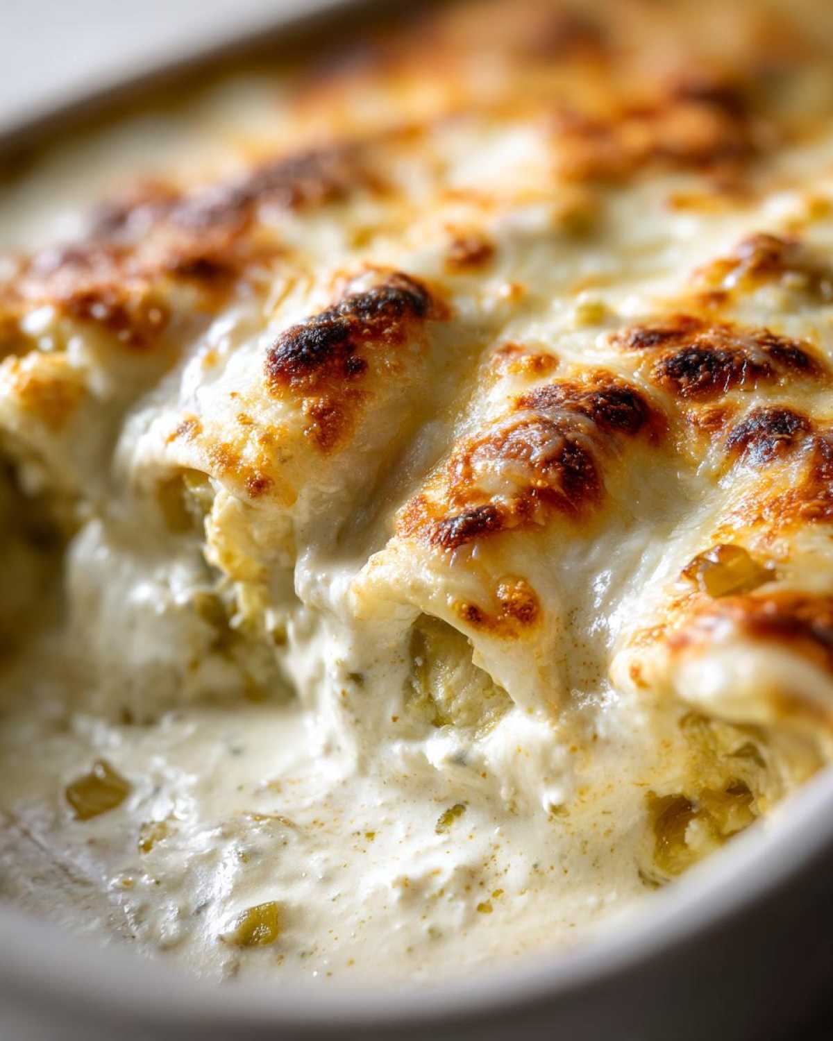 A close-up, macro shot of baked white chicken enchiladas covered in bubbling, browned cheese sauce.
