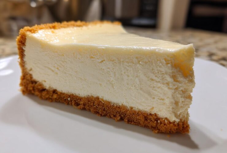 A perfect slice of creamy white chocolate cheesecake with a thick graham cracker crust on a white plate.