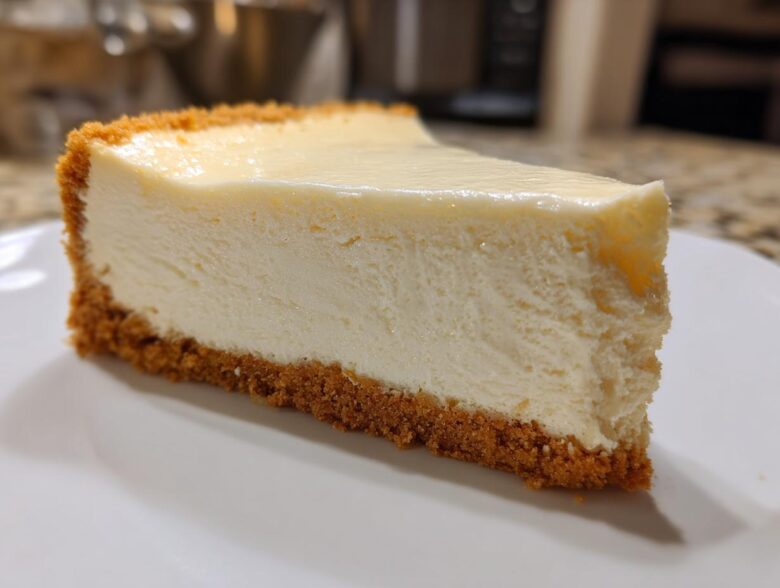 A perfect slice of creamy white chocolate cheesecake with a thick graham cracker crust on a white plate.