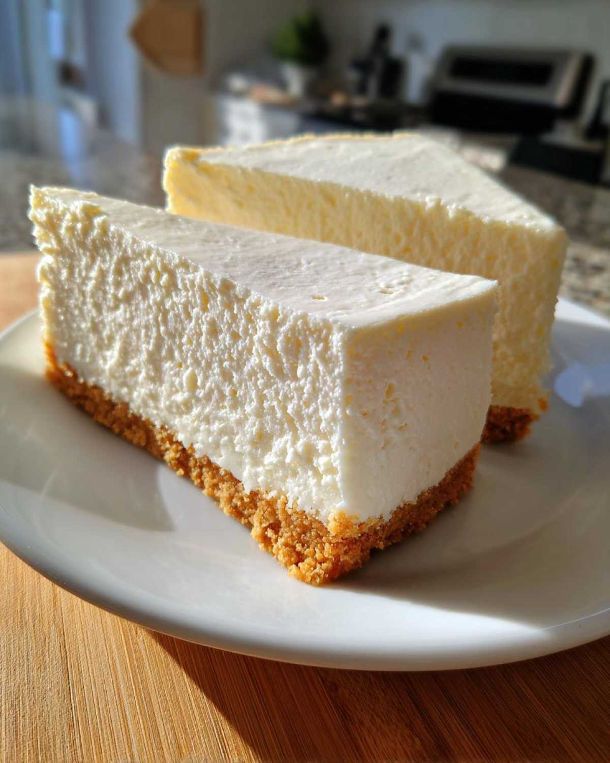 Two generous slices of fluffy white chocolate cheesecake with a thick graham cracker crust on a white plate.