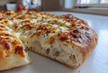 Cross-section view showing the airy interior and melted cheese topping of the amazing 15-Minute white pizza.