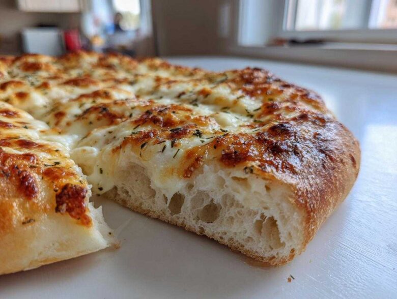 Cross-section view showing the airy interior and melted cheese topping of the amazing 15-Minute white pizza.