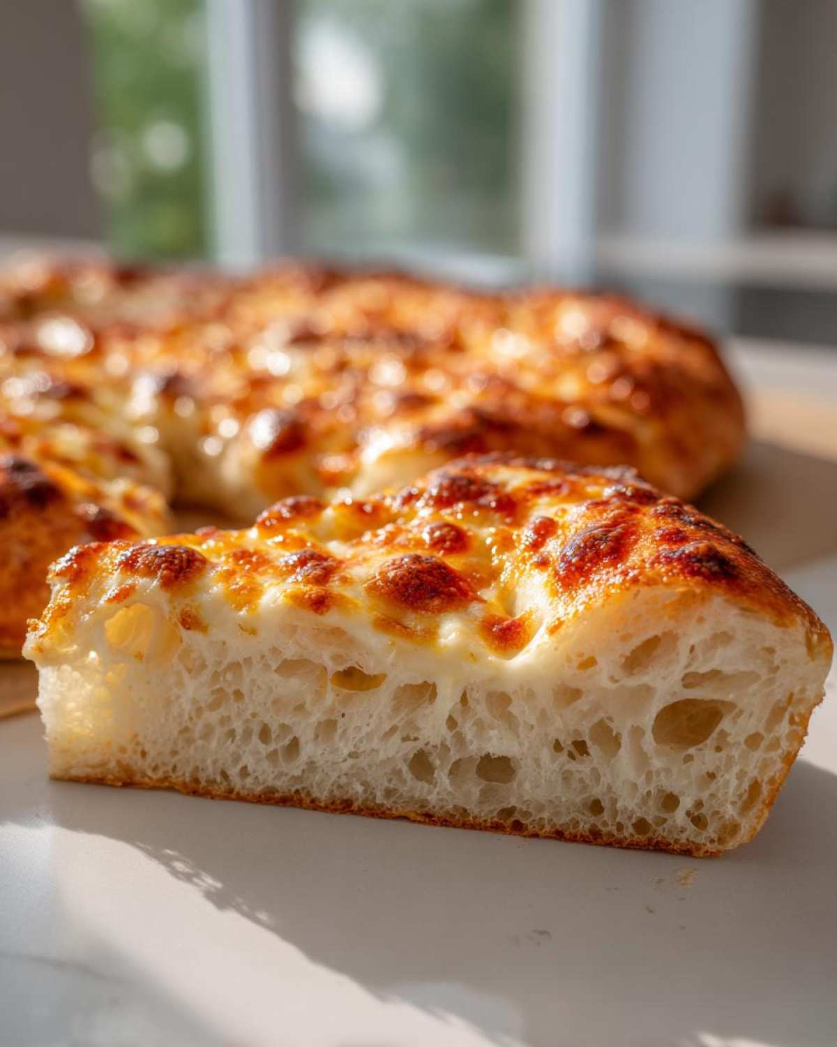 Close-up of a thick, airy slice of white pizza showing the bubbly, cheesy top and open crumb structure.