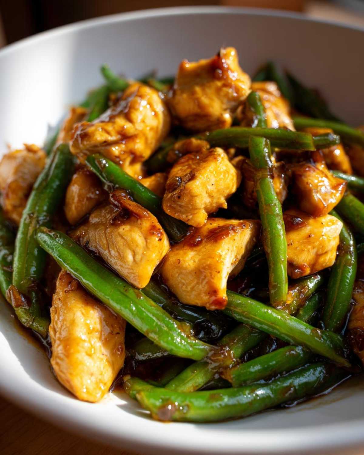 Close-up of glossy, saucy chicken and green beans dish, highlighting the vibrant green beans and golden chicken pieces.