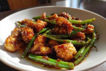 Close-up of crispy, glazed chicken pieces mixed with bright green beans in a savory sauce, featuring chicken and green beans.