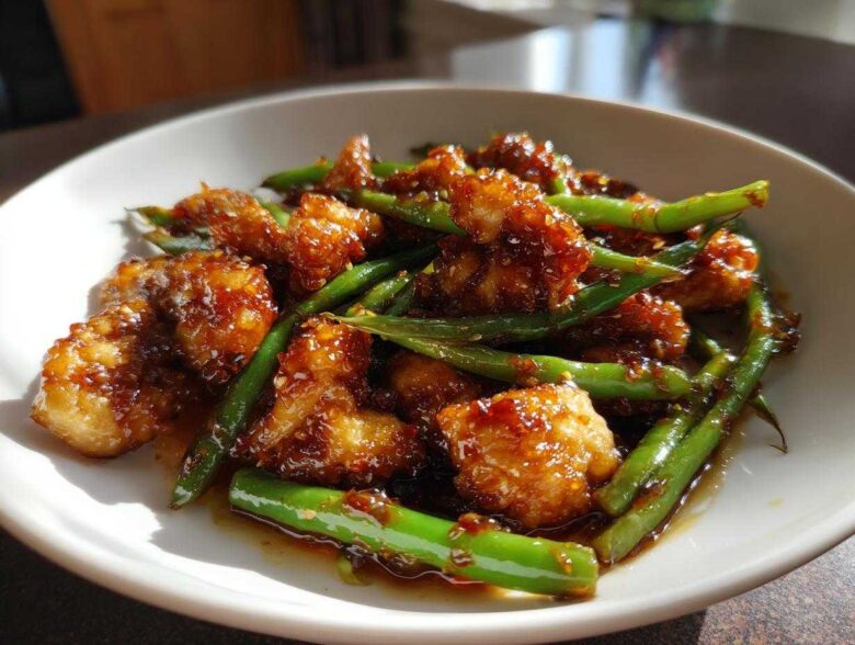 Close-up of crispy, glazed chicken pieces mixed with bright green beans in a savory sauce, featuring chicken and green beans.