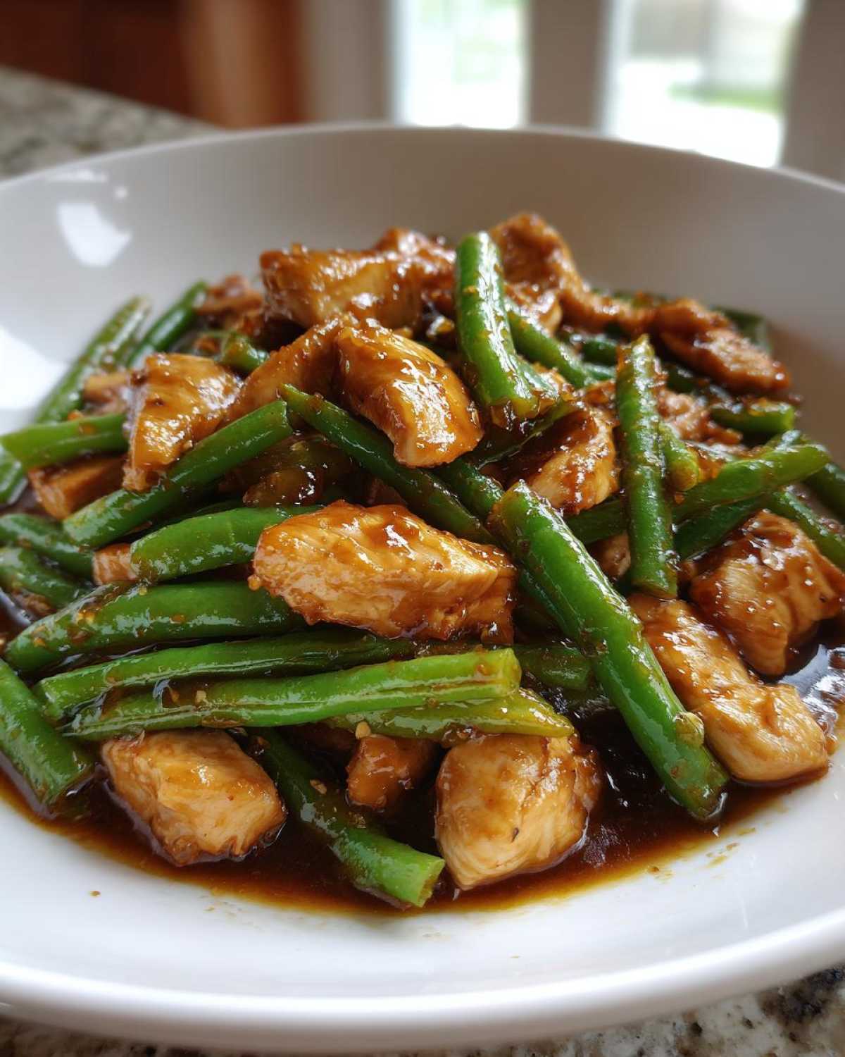 Close-up of glossy, saucy chicken and green beans in a white bowl.