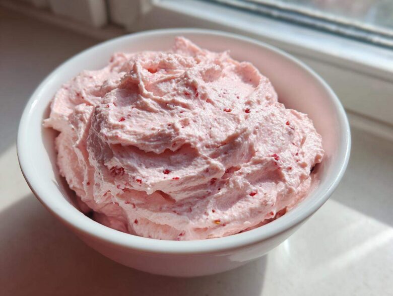A close-up of fluffy, light pink strawberry cheesecake dip swirled high in a white bowl, sitting near a window.