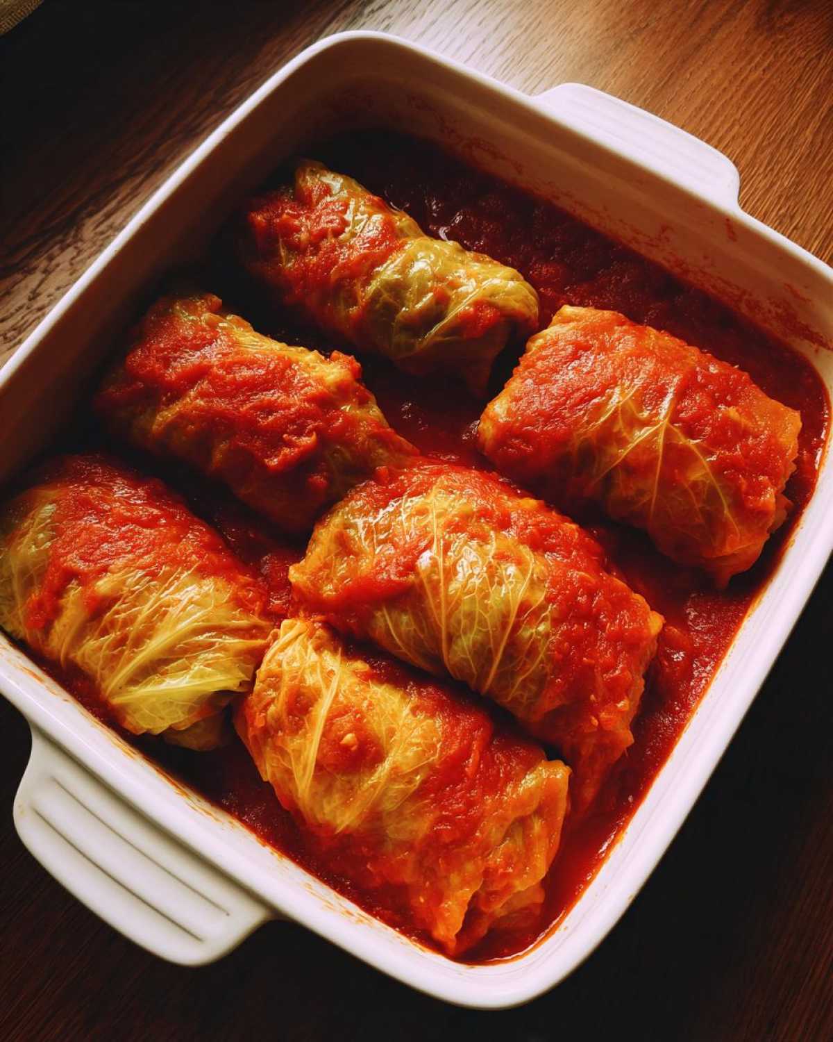 Six homemade cabbage rolls simmering in a rich tomato sauce inside a white baking dish.