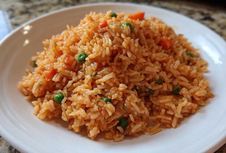 A close-up of fluffy, orange-red spanish rice mixed with bright green peas and diced carrots on a white plate.