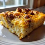 A close-up of a hearty slice of sausage and cheese egg bake on a white plate.