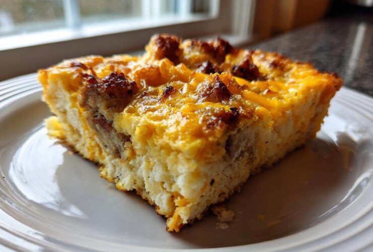 A close-up of a hearty slice of sausage and cheese egg bake on a white plate.