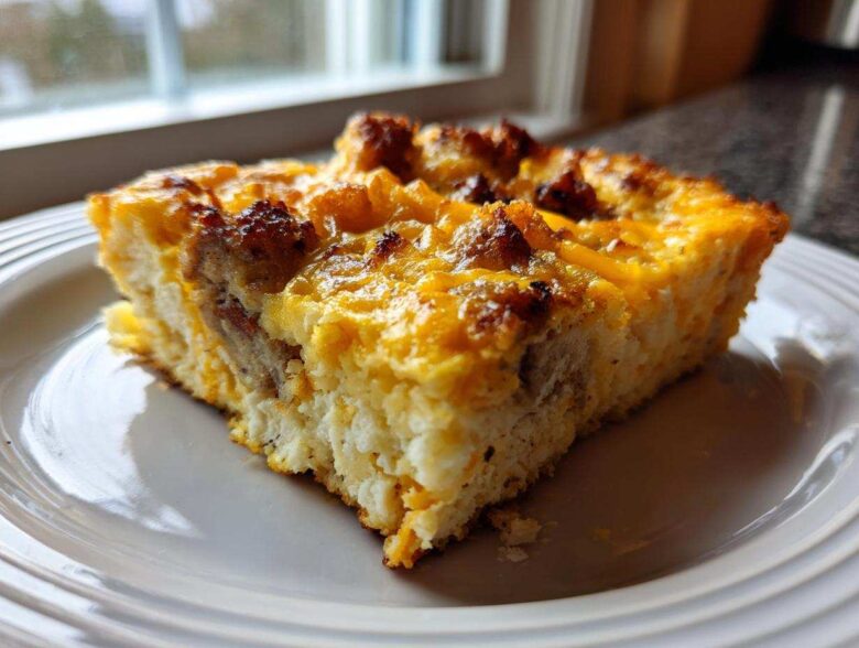A close-up of a hearty slice of sausage and cheese egg bake on a white plate.