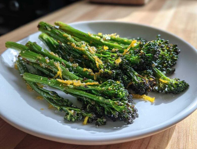 A white plate featuring bright green, roasted broccolini topped with visible lemon zest and coarse salt.