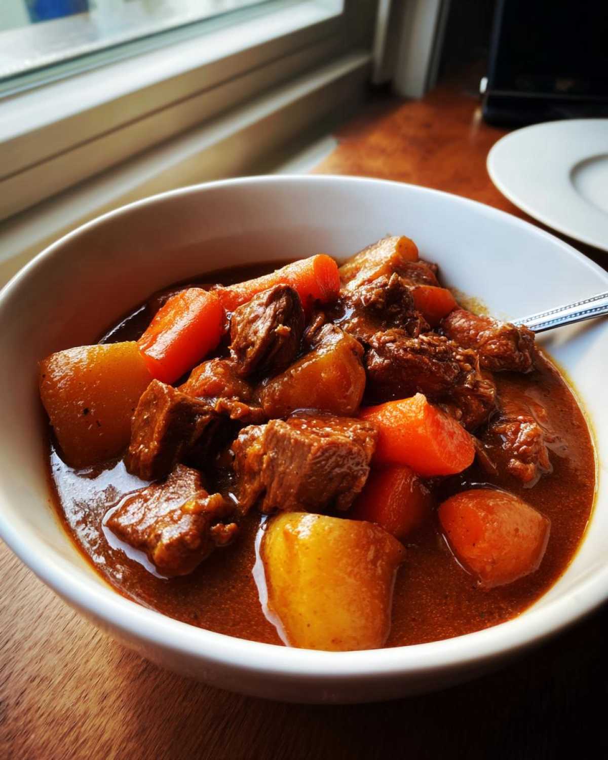 A close-up of a white bowl filled with rich, savory pork stew chunks, potatoes, and bright orange carrots.