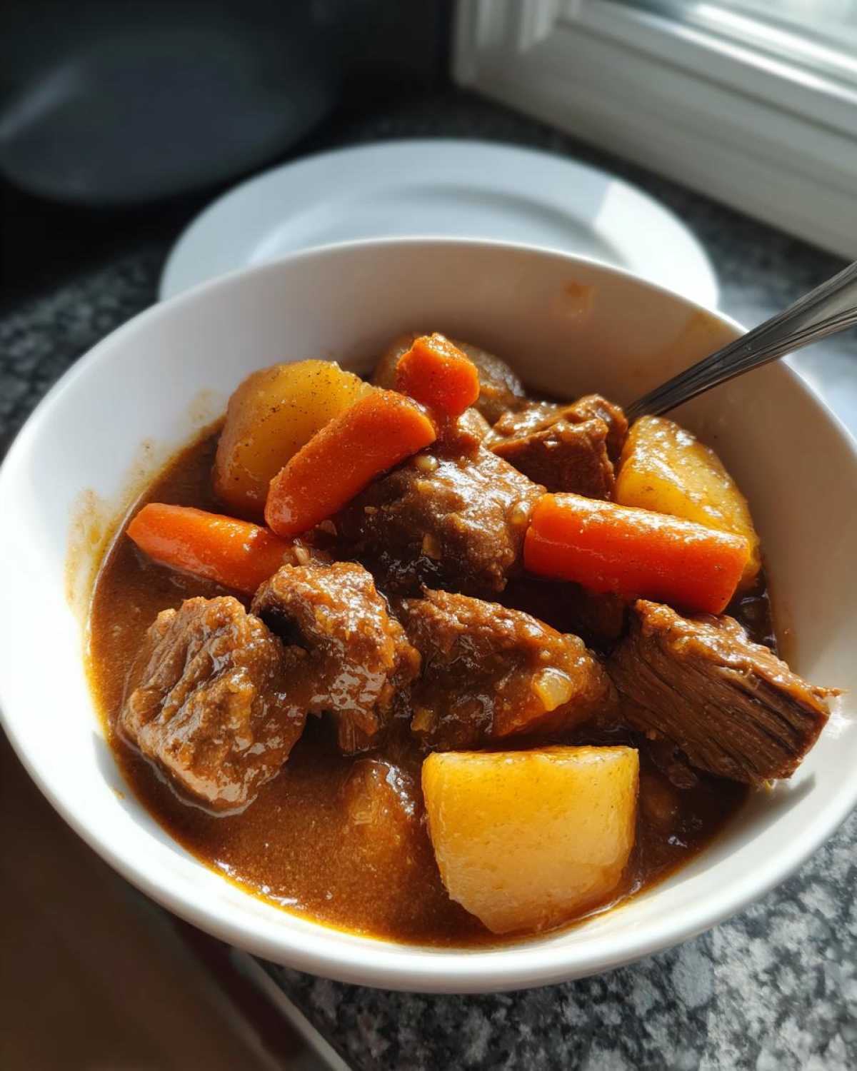 A white bowl filled with hearty pork stew chunks, carrots, and potatoes in a rich brown gravy.