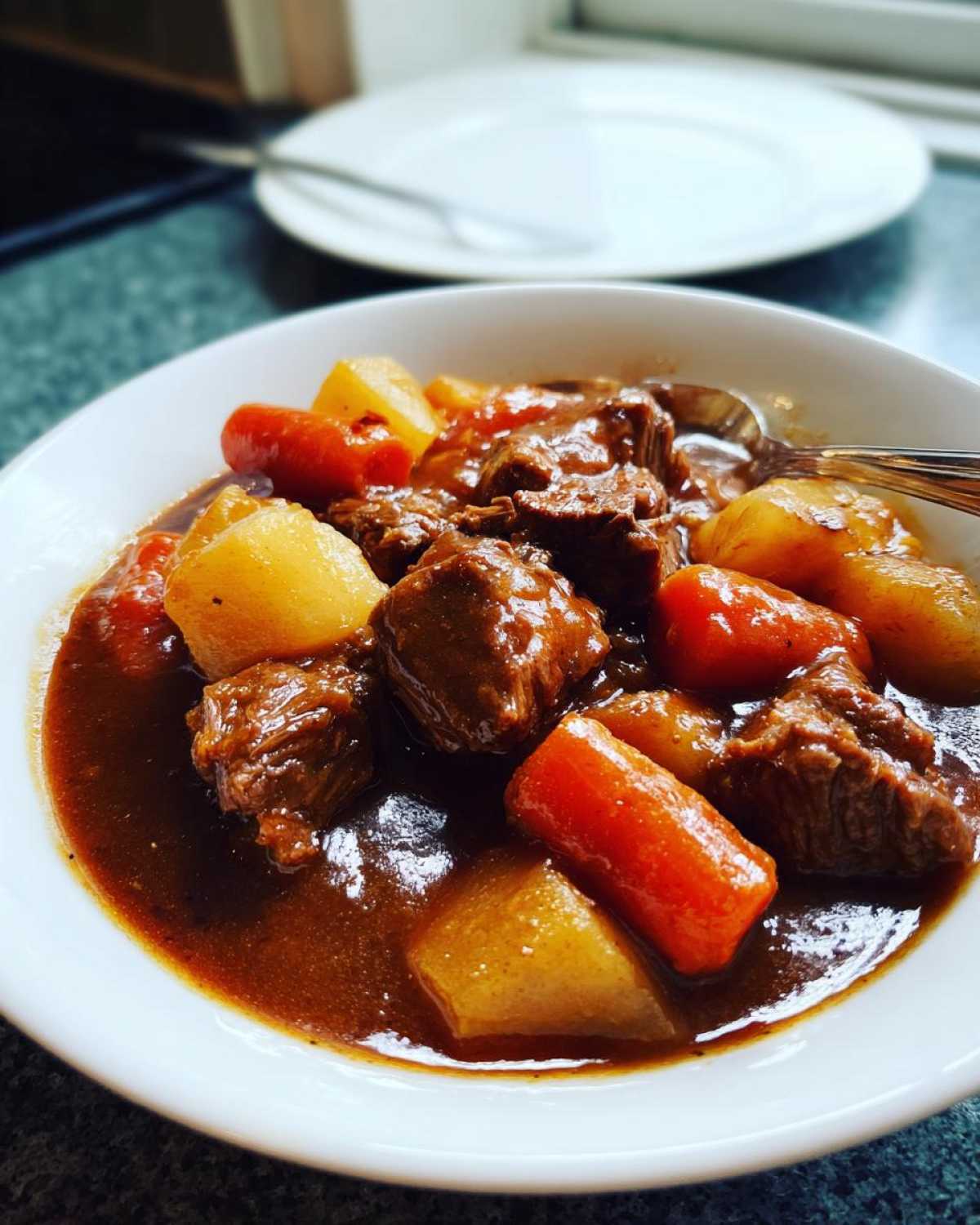 Close-up of a rich, brown pork stew with chunks of tender meat, carrots, and potatoes in a white bowl.