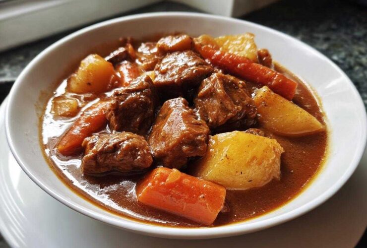 Close-up of a white bowl filled with rich, savory pork stew chunks, carrots, and potatoes.