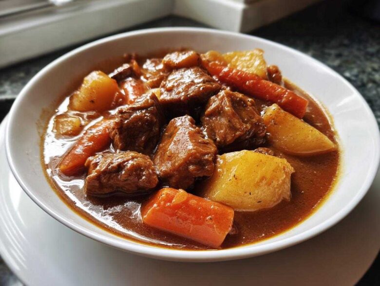 Close-up of a white bowl filled with rich, savory pork stew chunks, carrots, and potatoes.