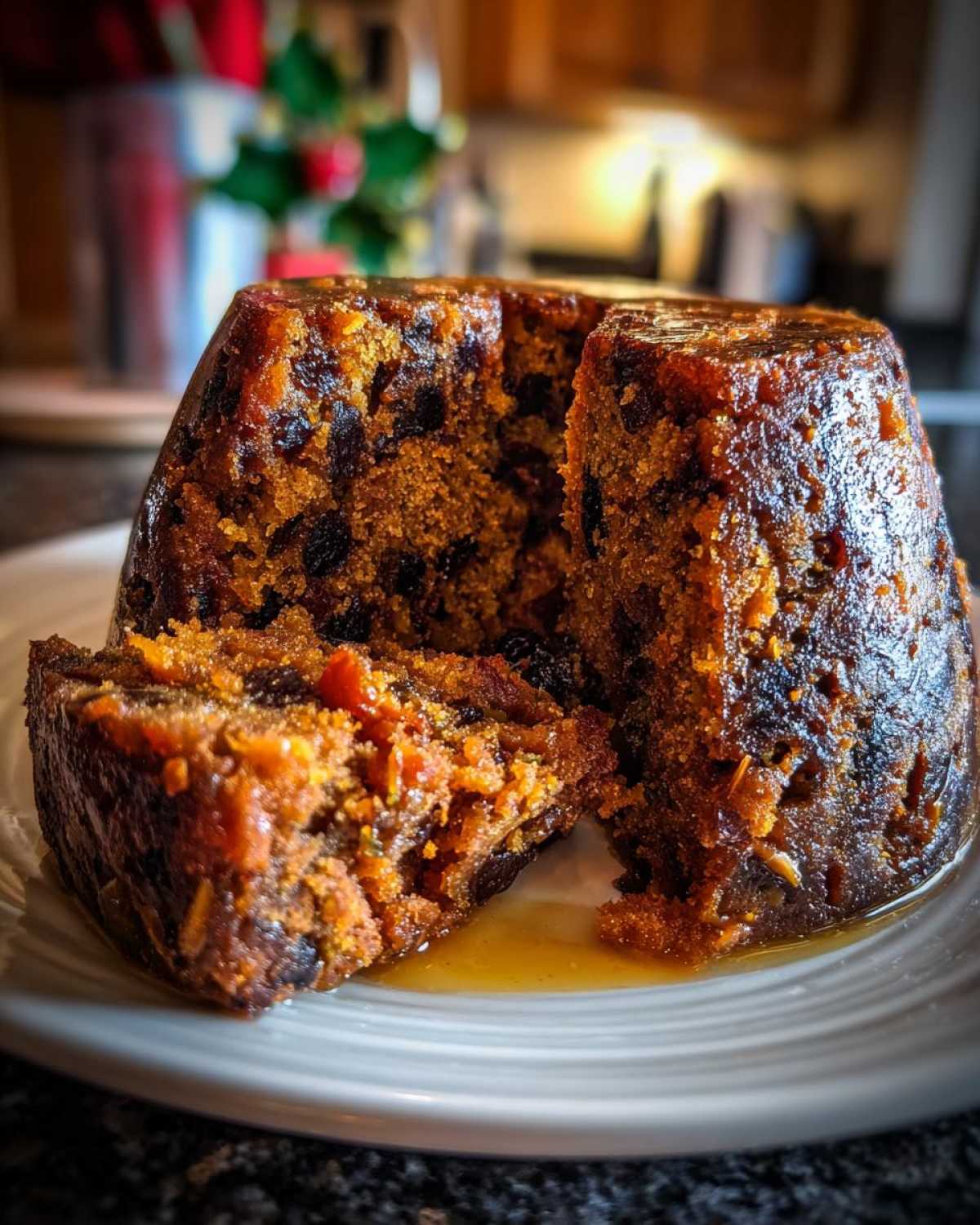 A close-up of a rich, dark plum pudding with a slice cut out, sitting in a pool of sauce.