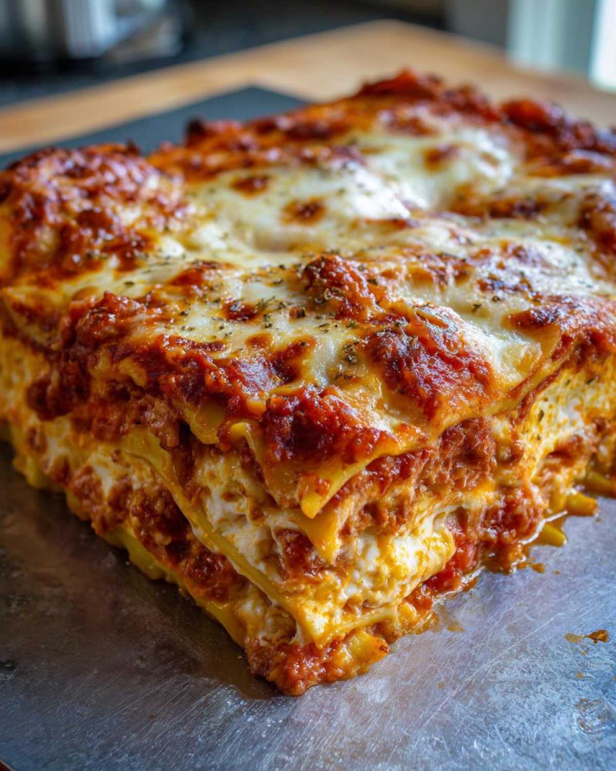 Close-up of a thick slice of cheesy baked ravioli casserole with layers of pasta, meat sauce, and melted mozzarella.