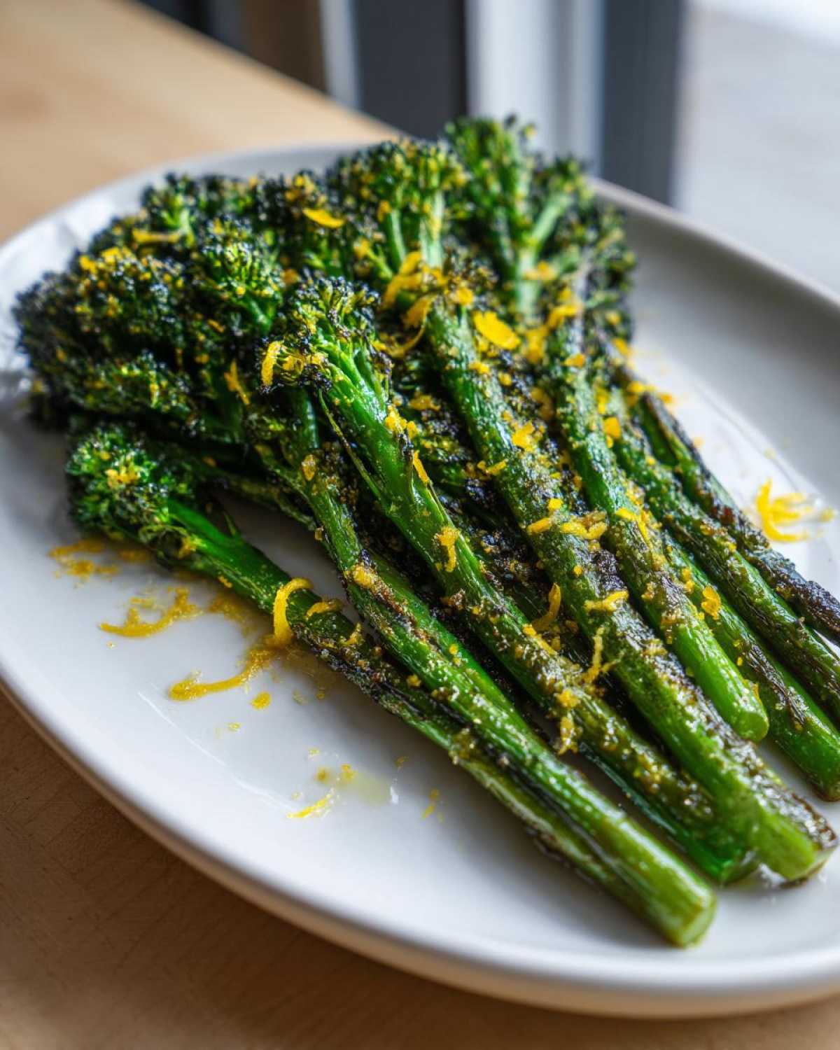 A plate of vibrant green, roasted broccolini topped generously with bright yellow lemon zest.
