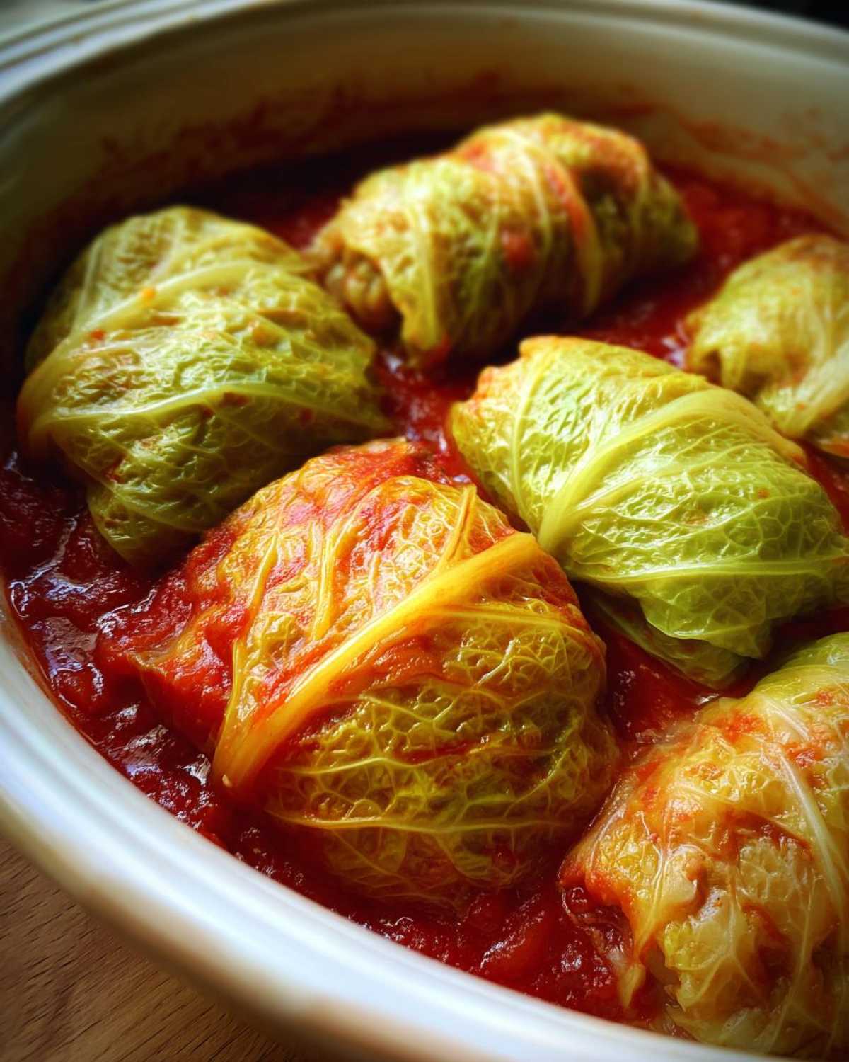Close-up of several homemade cabbage rolls simmering in a rich, red tomato sauce in a white baking dish.