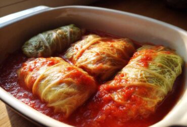 Three plump cabbage rolls simmering in a rich, red tomato sauce inside a white baking dish.