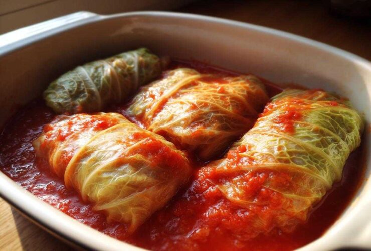 Three plump cabbage rolls simmering in a rich, red tomato sauce inside a white baking dish.