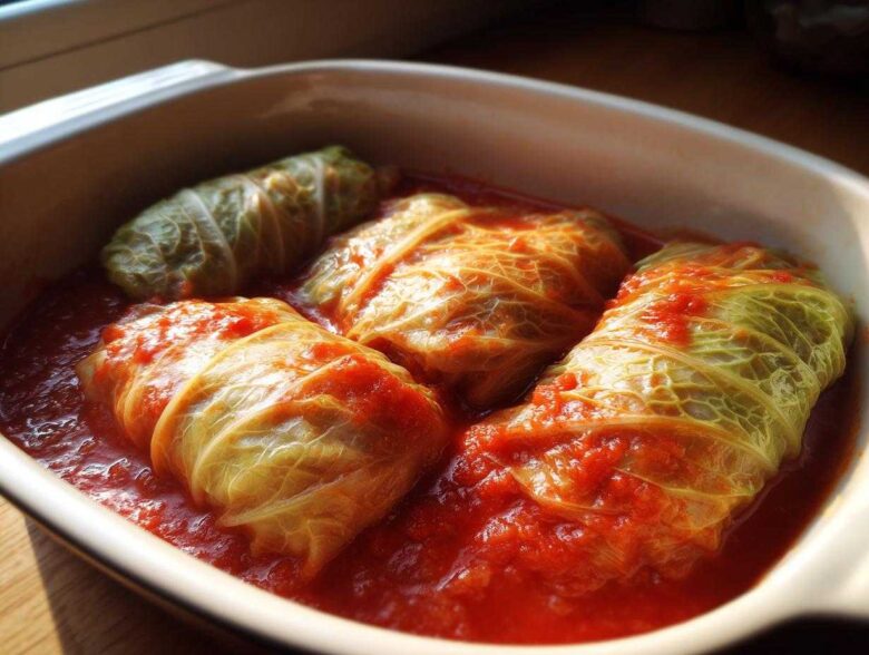Three plump cabbage rolls simmering in a rich, red tomato sauce inside a white baking dish.