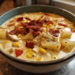 Close-up of a bowl of creamy chicken corn chowder featuring potatoes, corn, chicken, and crispy bacon topping.