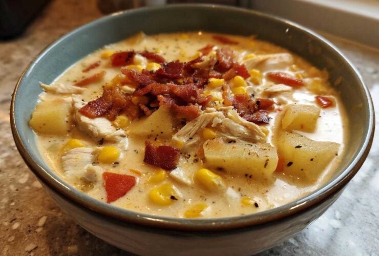 Close-up of a bowl of creamy chicken corn chowder featuring potatoes, corn, chicken, and crispy bacon topping.