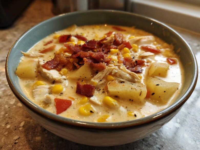 Close-up of a bowl of creamy chicken corn chowder featuring potatoes, corn, chicken, and crispy bacon topping.