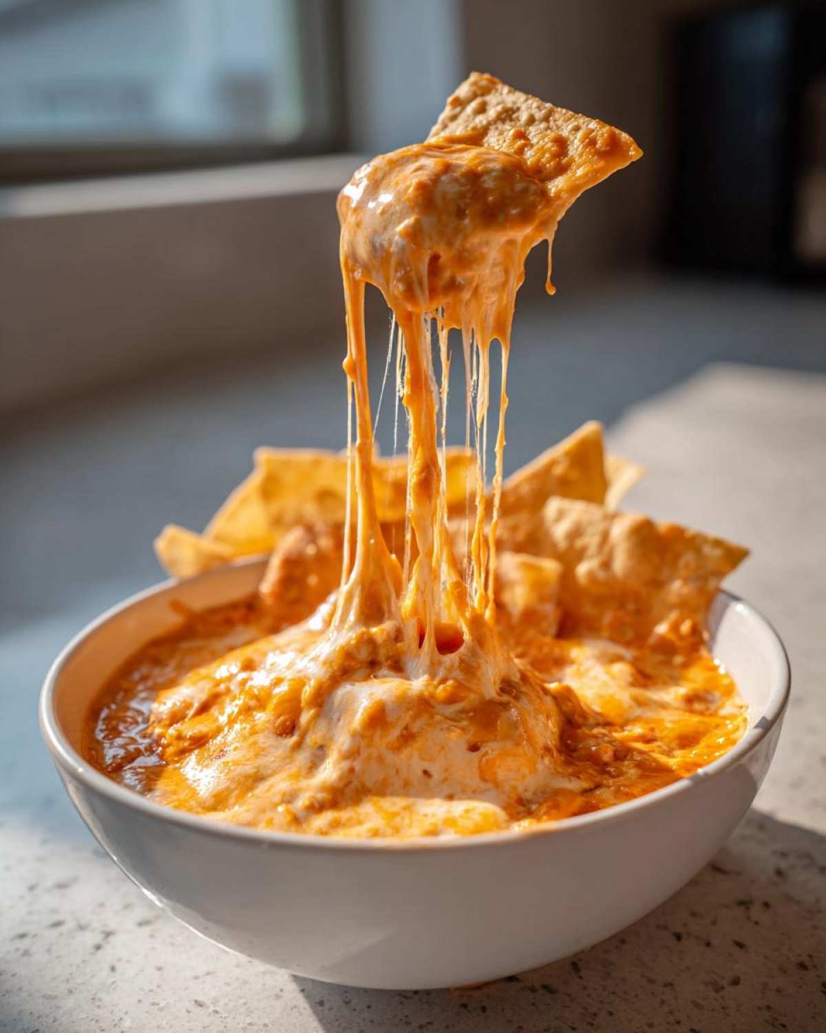 A tortilla chip pulls up extremely cheesy, stringy chili cheese dip from a white bowl.