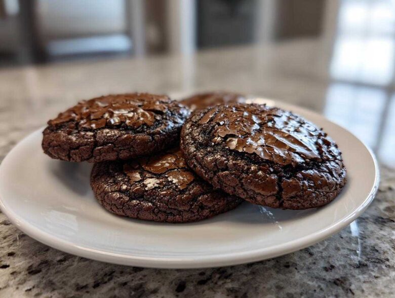 Close-up of three rich, dark chocolate brownie cookies with glossy, cracked tops on a white plate.