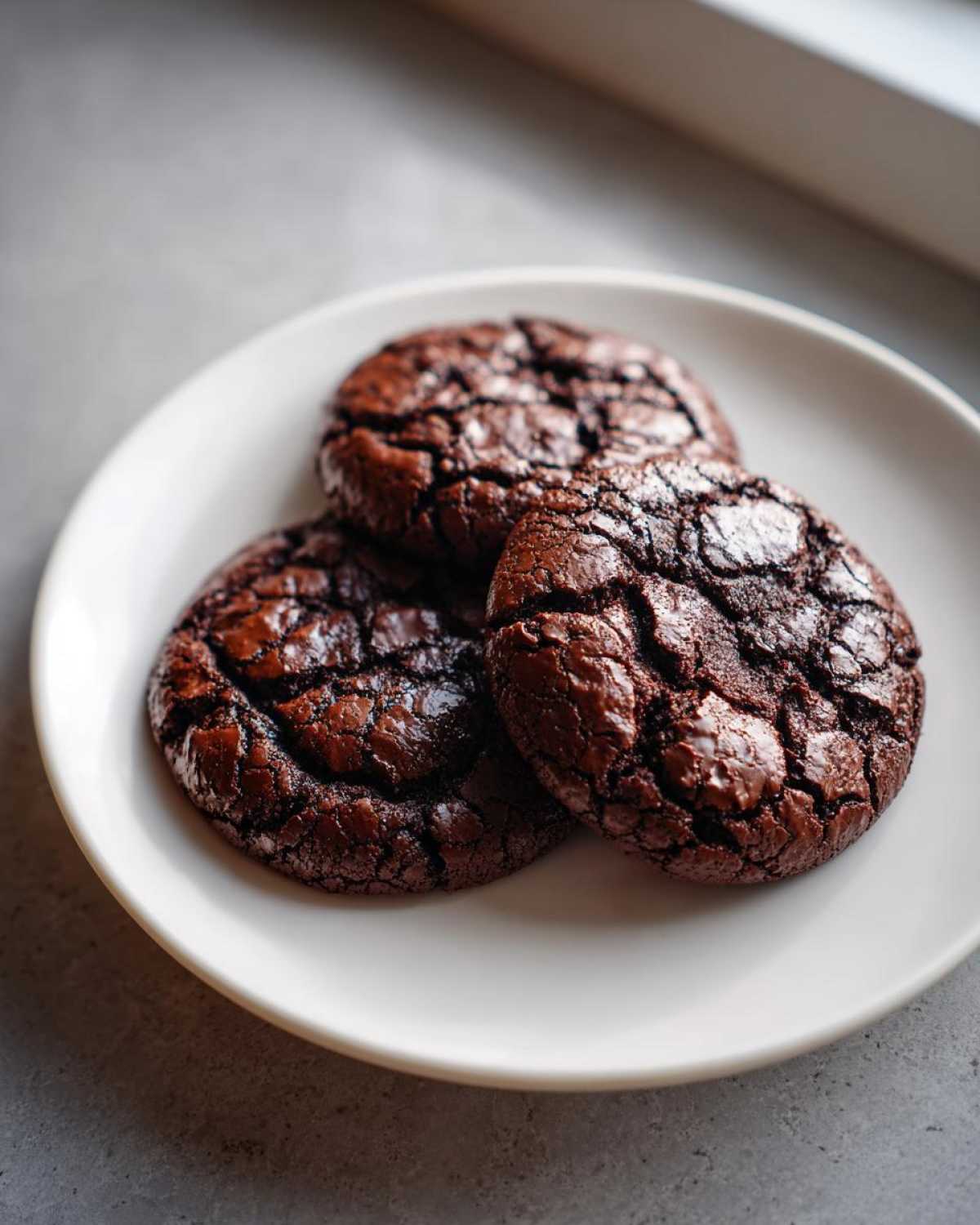 Three rich, dark chocolate brownie cookies with cracked tops served on a small white plate.