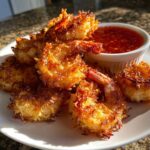 A plate of perfectly fried, golden brown coconut shrimp served with a small bowl of sweet chili dipping sauce.