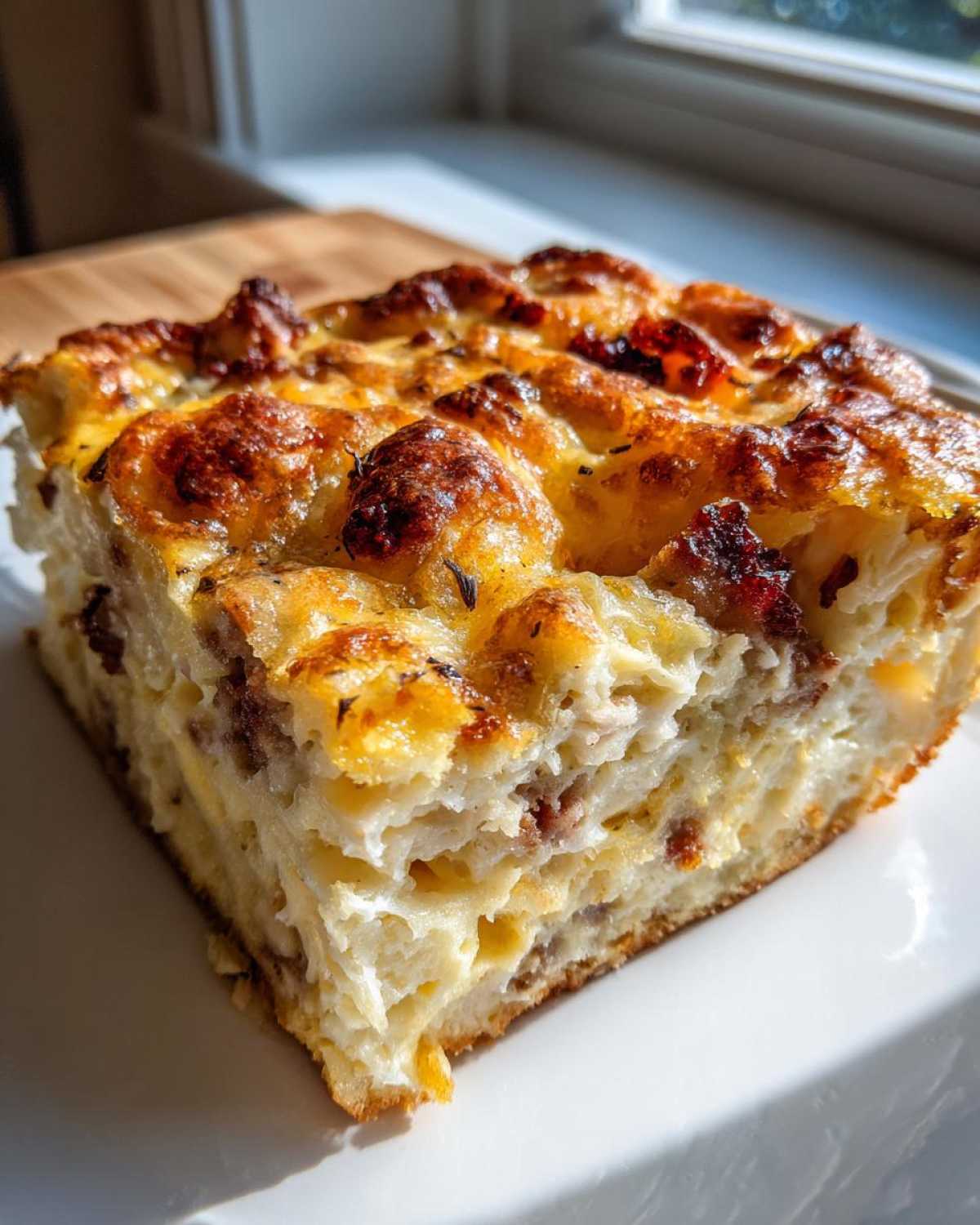 A perfectly browned square slice of savory egg bake with visible layers of sausage and cheese topping.