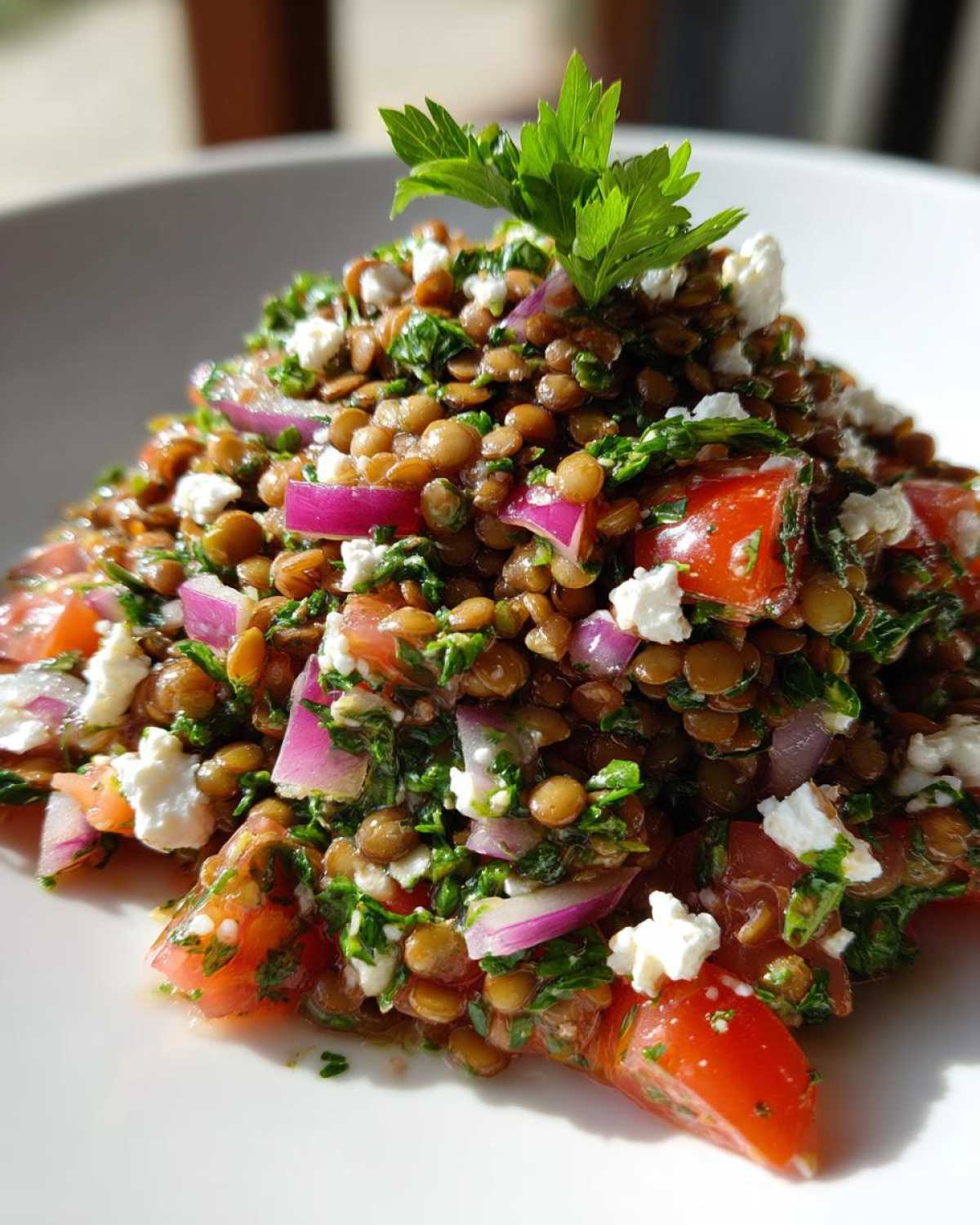 A vibrant close-up of a healthy lentil salad mixed with tomatoes, red onion, feta cheese, and parsley.