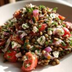 Close-up of a vibrant lentil salad mixed with diced tomatoes, red onion, feta cheese, and parsley.
