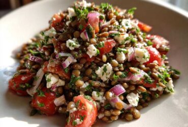 Close-up of a vibrant lentil salad mixed with diced tomatoes, red onion, feta cheese, and parsley.