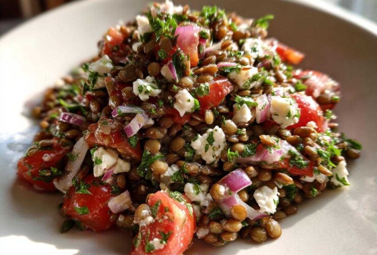 Close-up of a vibrant lentil salad mixed with diced tomatoes, red onion, feta cheese, and parsley.